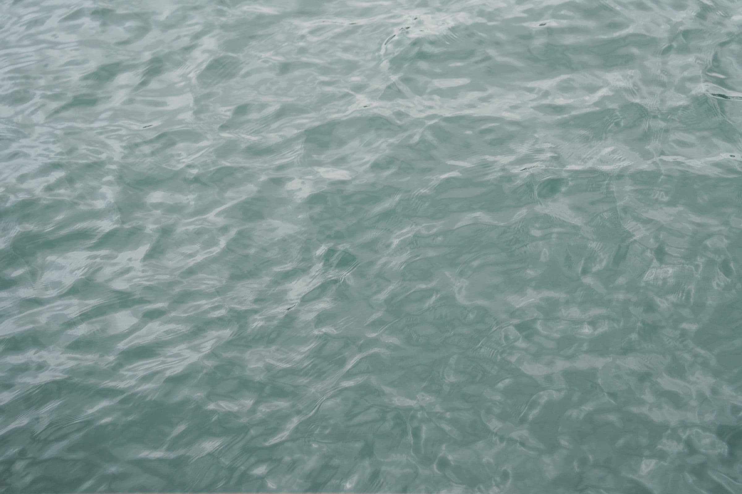 Close-up of rippled teal harbor water with soft reflected light across the surface.